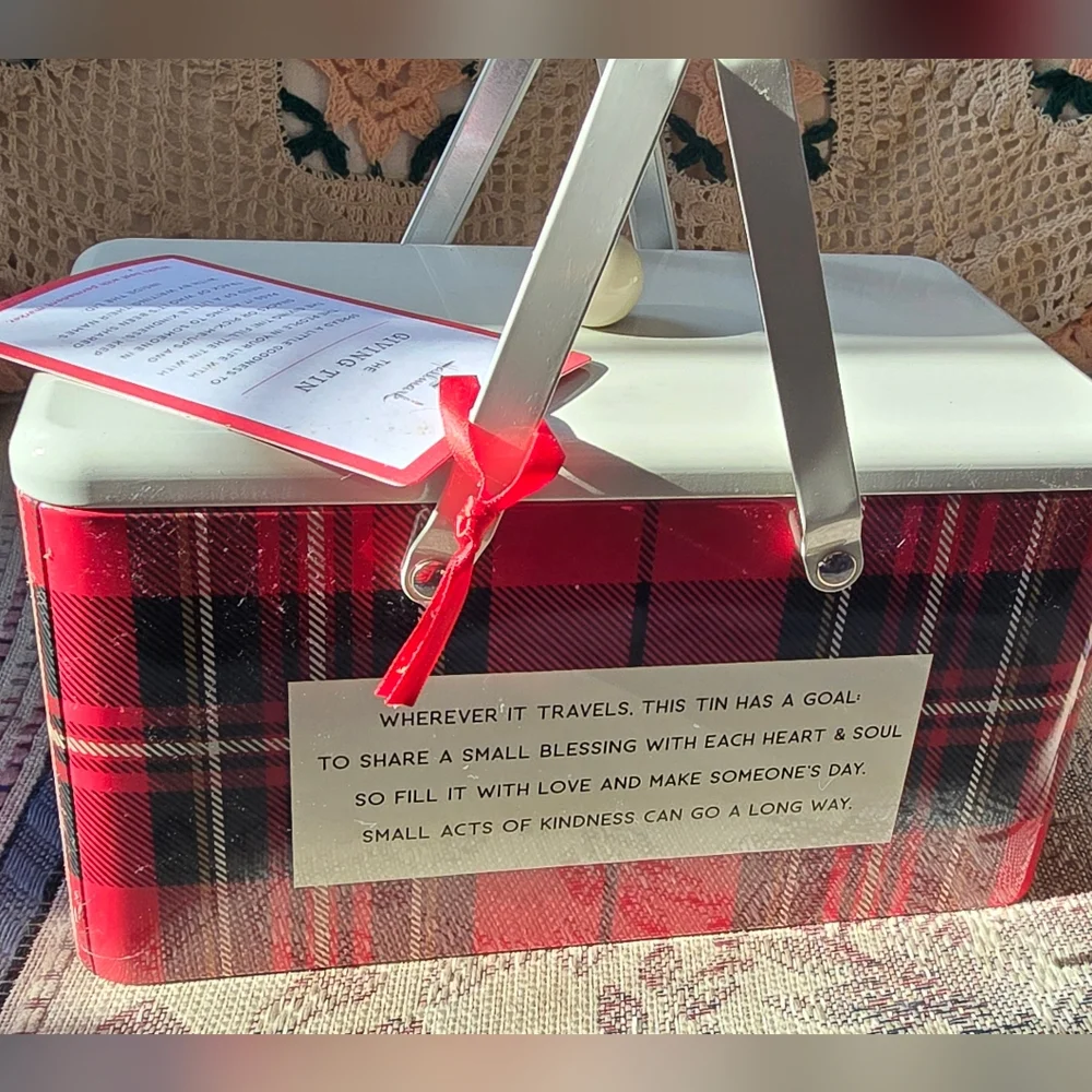 Hallmark Red Plaid Holiday Tin Basket with Vintage Truck